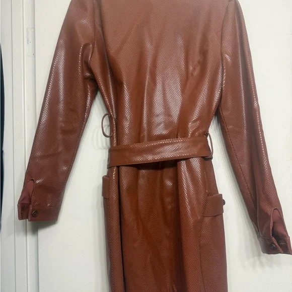 Camila Coelho Brown Faux Leather Longline Coat Dress S •Fall•70s Inspired•Chic - Picture 3 of 3